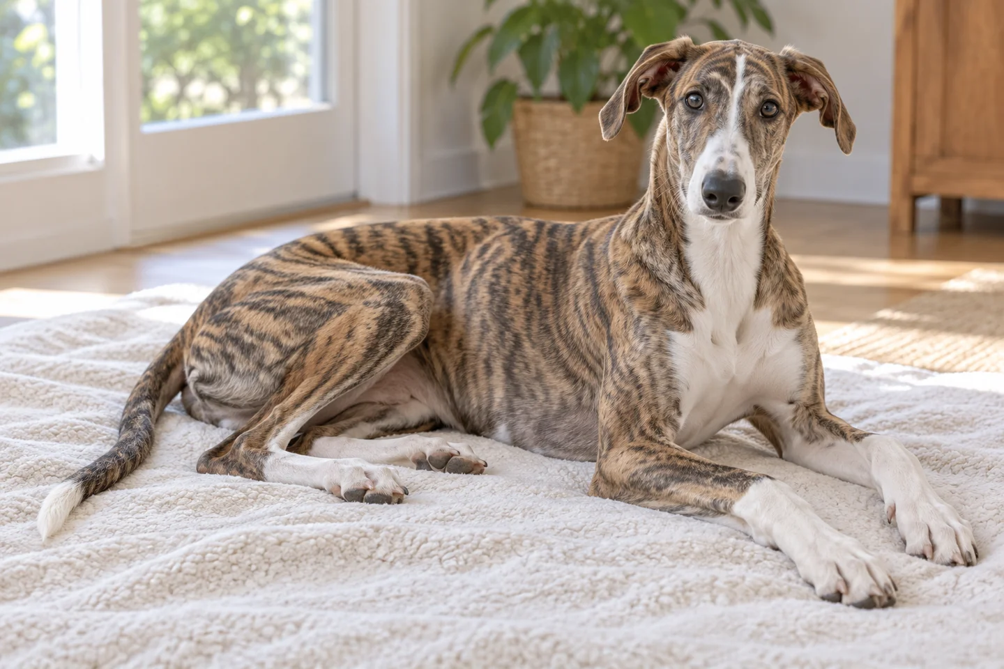 Hungarian Greyhound older puppy resting on a blanket indoors, showing brindle and white, short coat