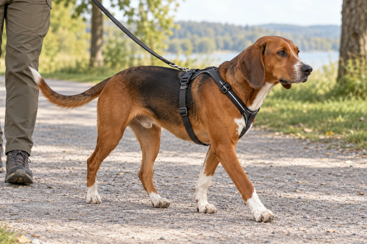 Hygen Hound walking in a fitted harness beside an adult handler, showing red-brown with black shading and white markings