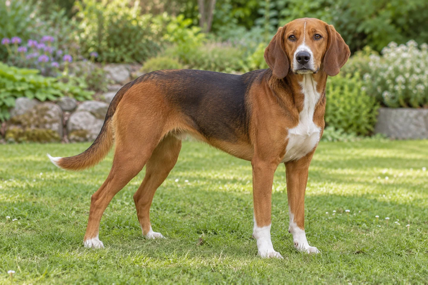 Hygen Hound adult standing naturally on a garden lawn, showing red-brown with black shading and white markings