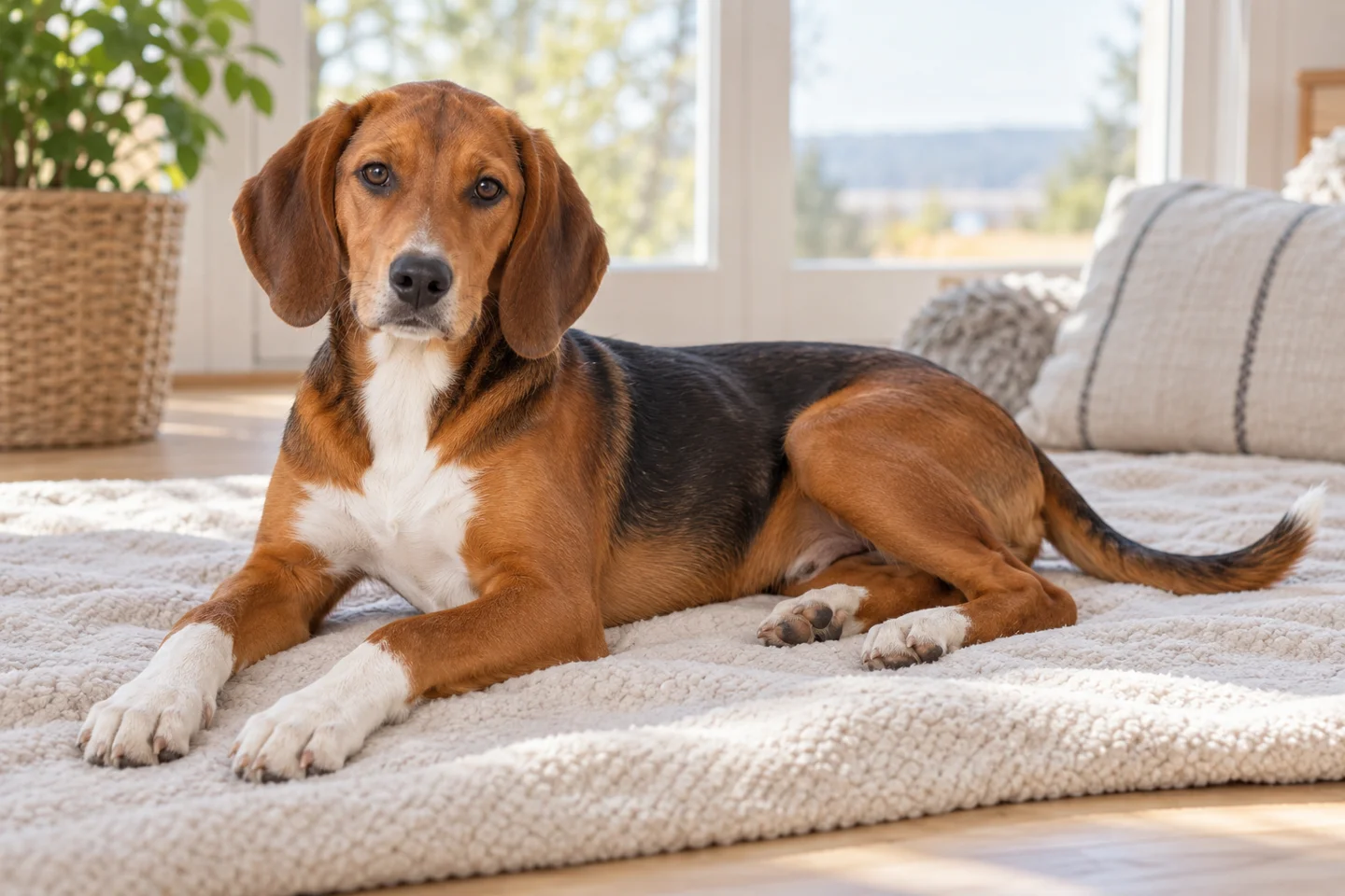 Hygen Hound older puppy resting on a blanket indoors, showing red-brown with black shading and white markings