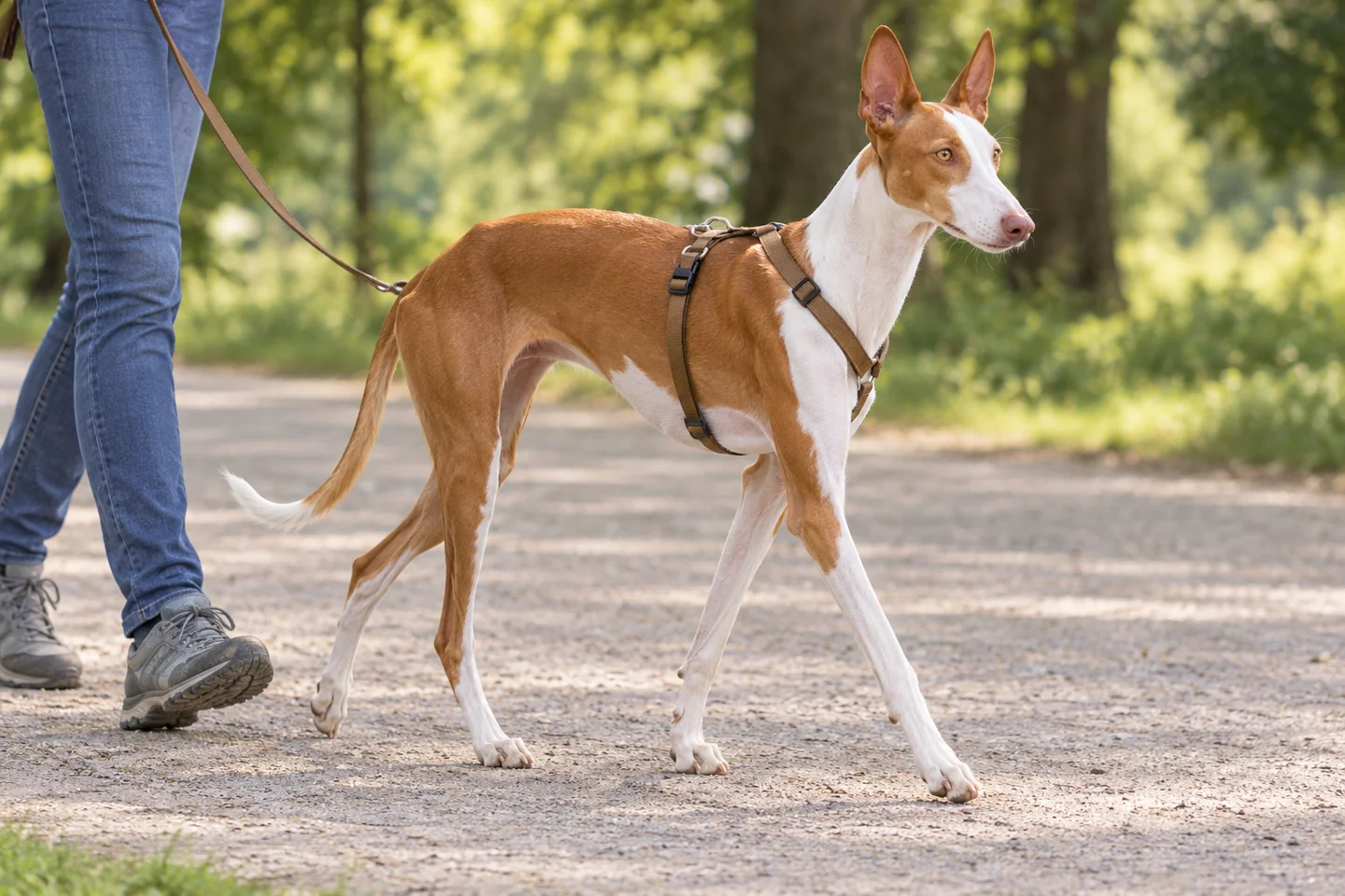Ibizan Hound walking in a fitted harness beside an adult handler, showing smooth red and white