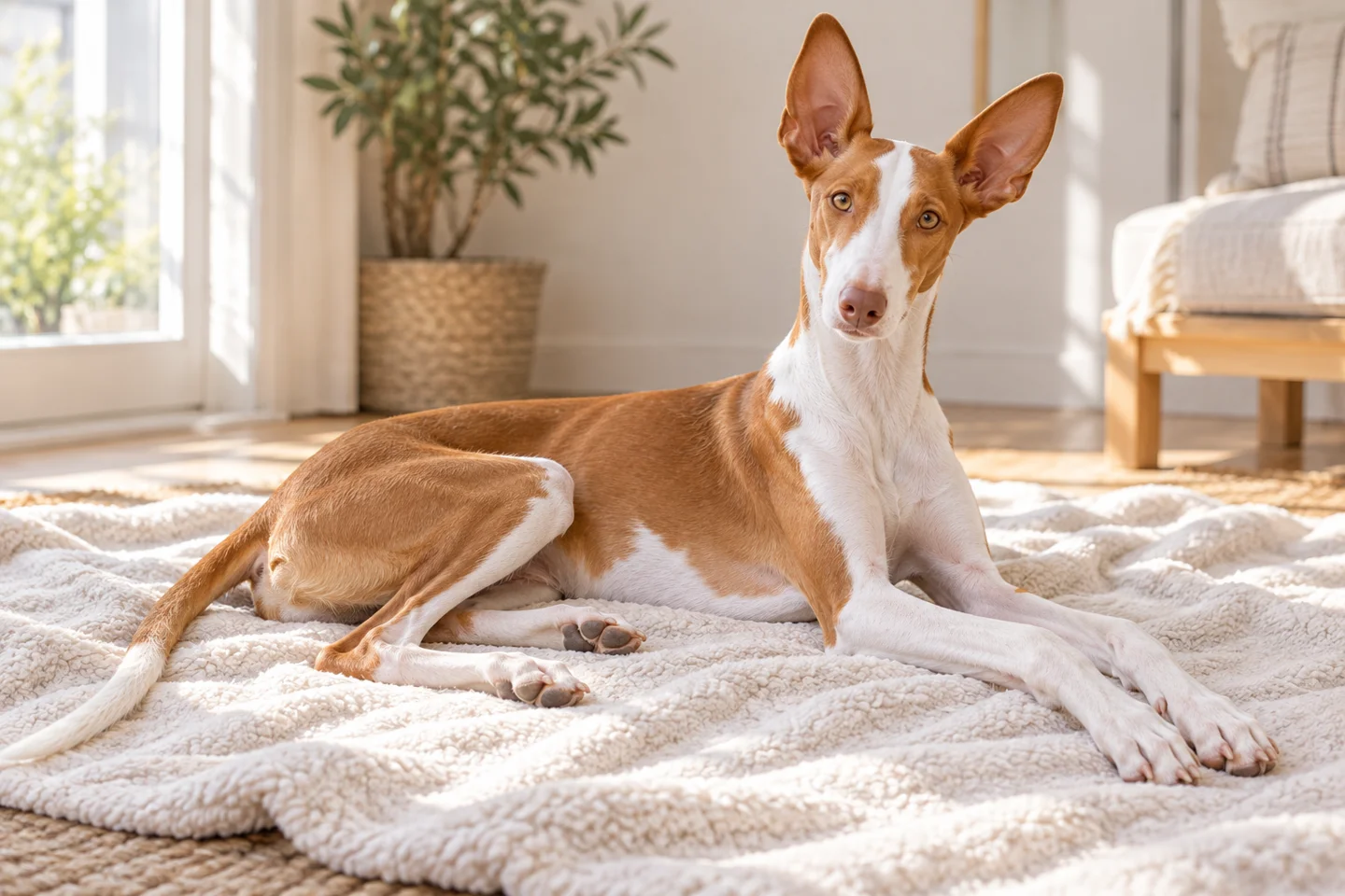 Ibizan Hound older puppy resting on a blanket indoors, showing smooth red and white