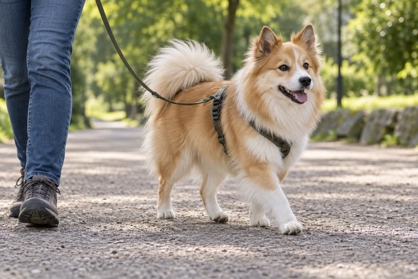 Icelandic Sheepdog walking in a fitted harness beside an adult handler, showing long-haired fawn and white
