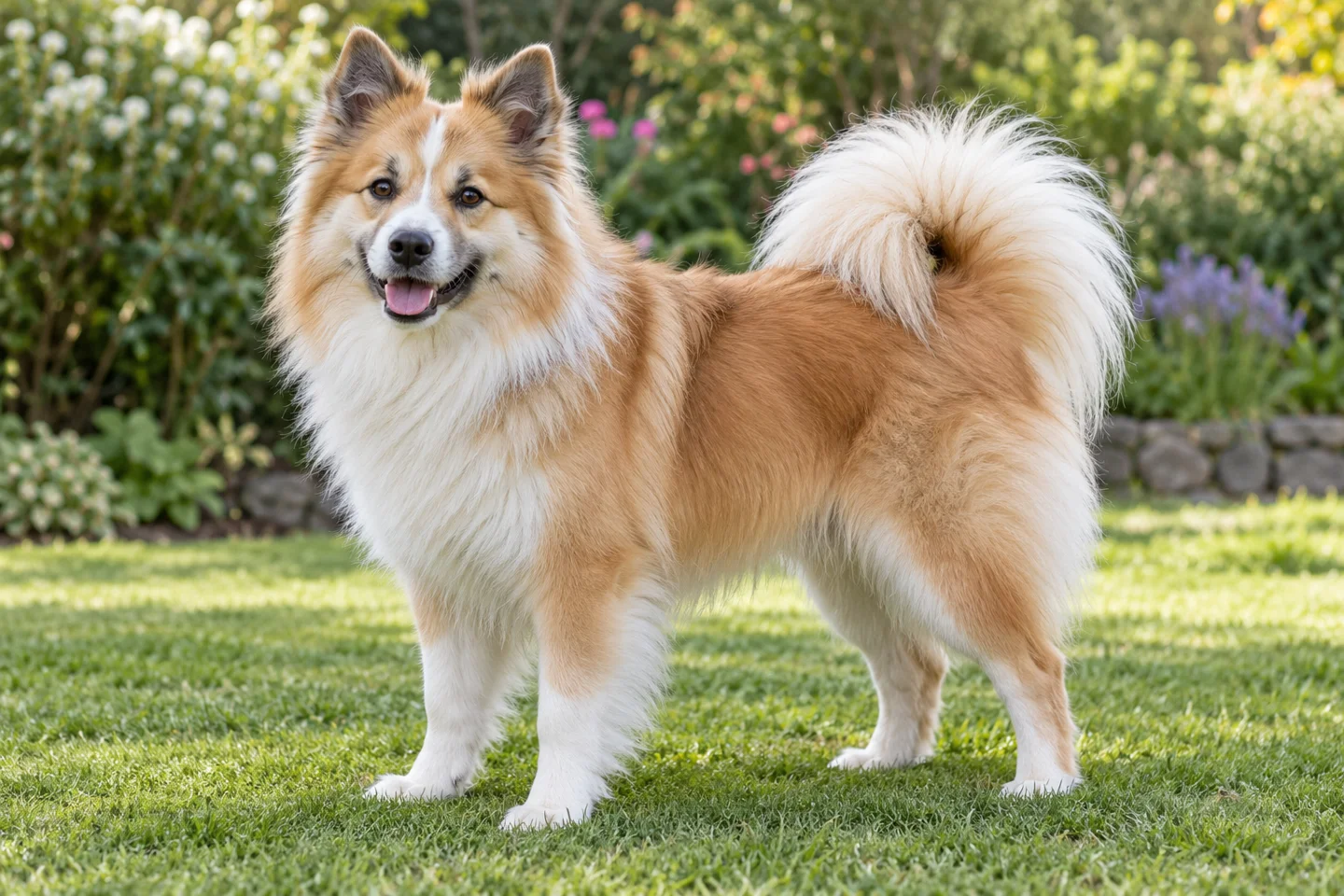 Icelandic Sheepdog adult standing naturally on a garden lawn, showing long-haired fawn and white