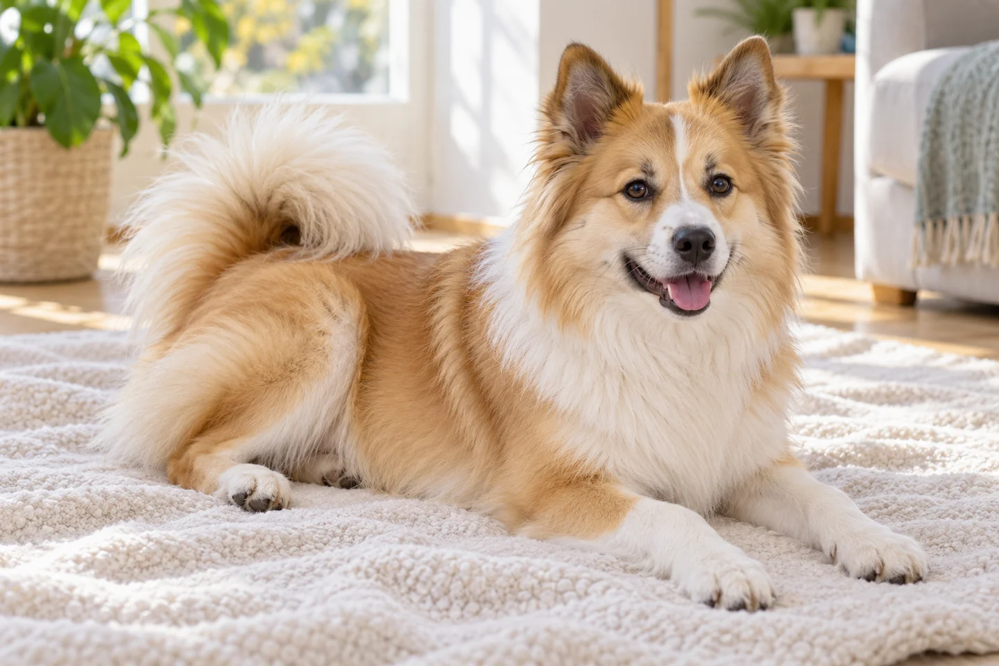 Icelandic Sheepdog older puppy resting on a blanket indoors, showing long-haired fawn and white