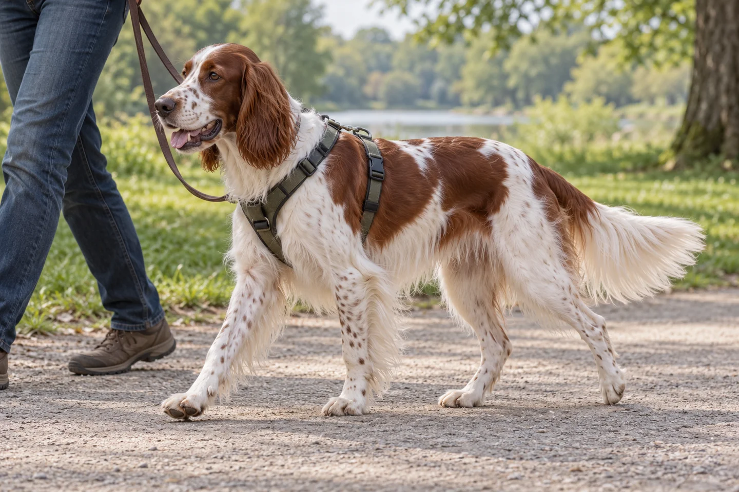 Irish Red and White Setter walking in a fitted harness beside an adult handler, showing white with solid red patches and feathering