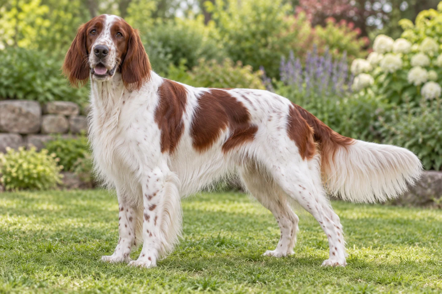 Irish Red and White Setter adult standing naturally on a garden lawn, showing white with solid red patches and feathering