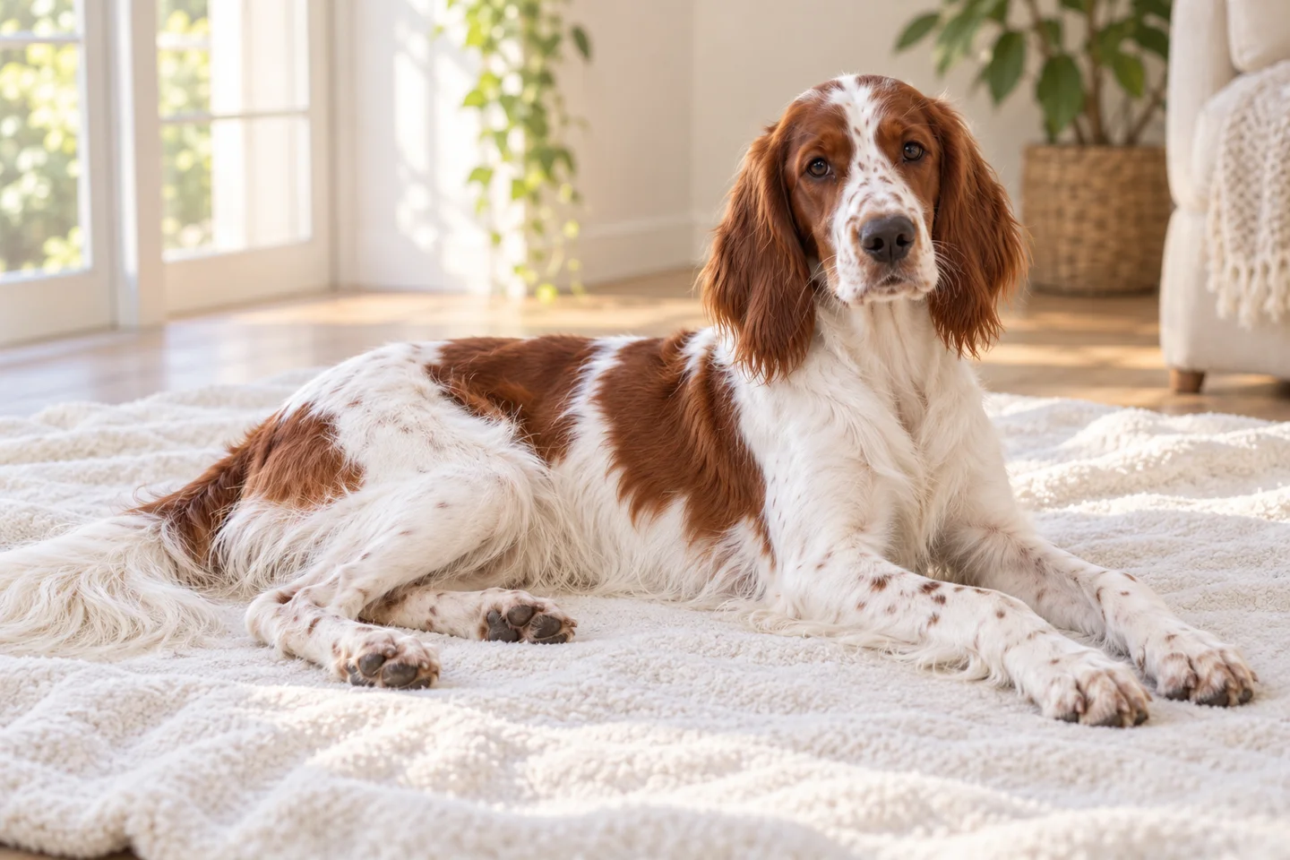 Irish Red and White Setter older puppy resting on a blanket indoors, showing white with solid red patches and feathering