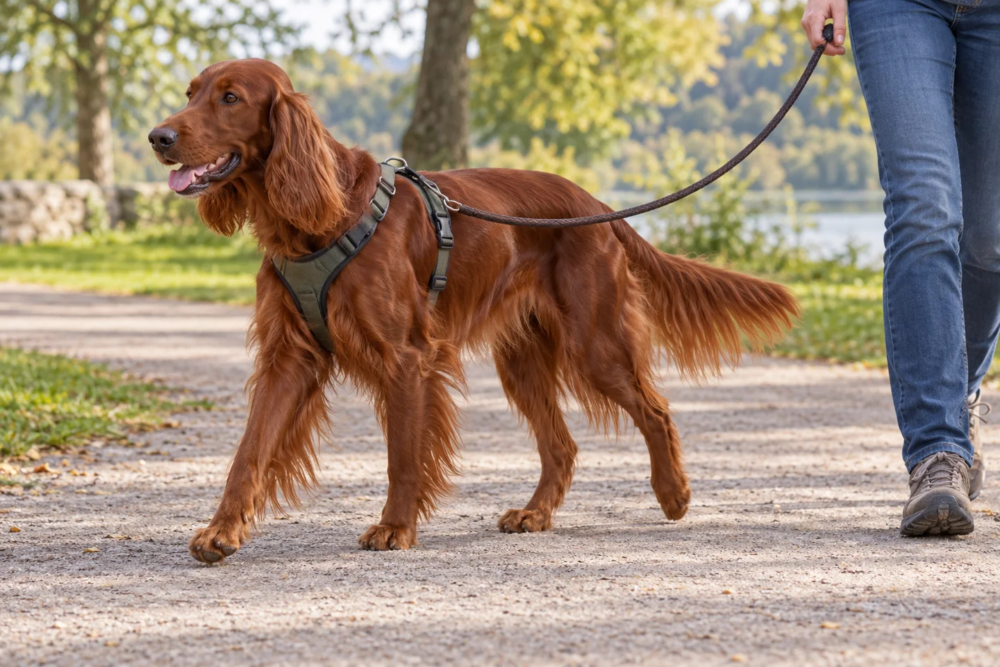 Irish Setter walking in a fitted harness beside an adult handler, showing rich chestnut with silky feathering