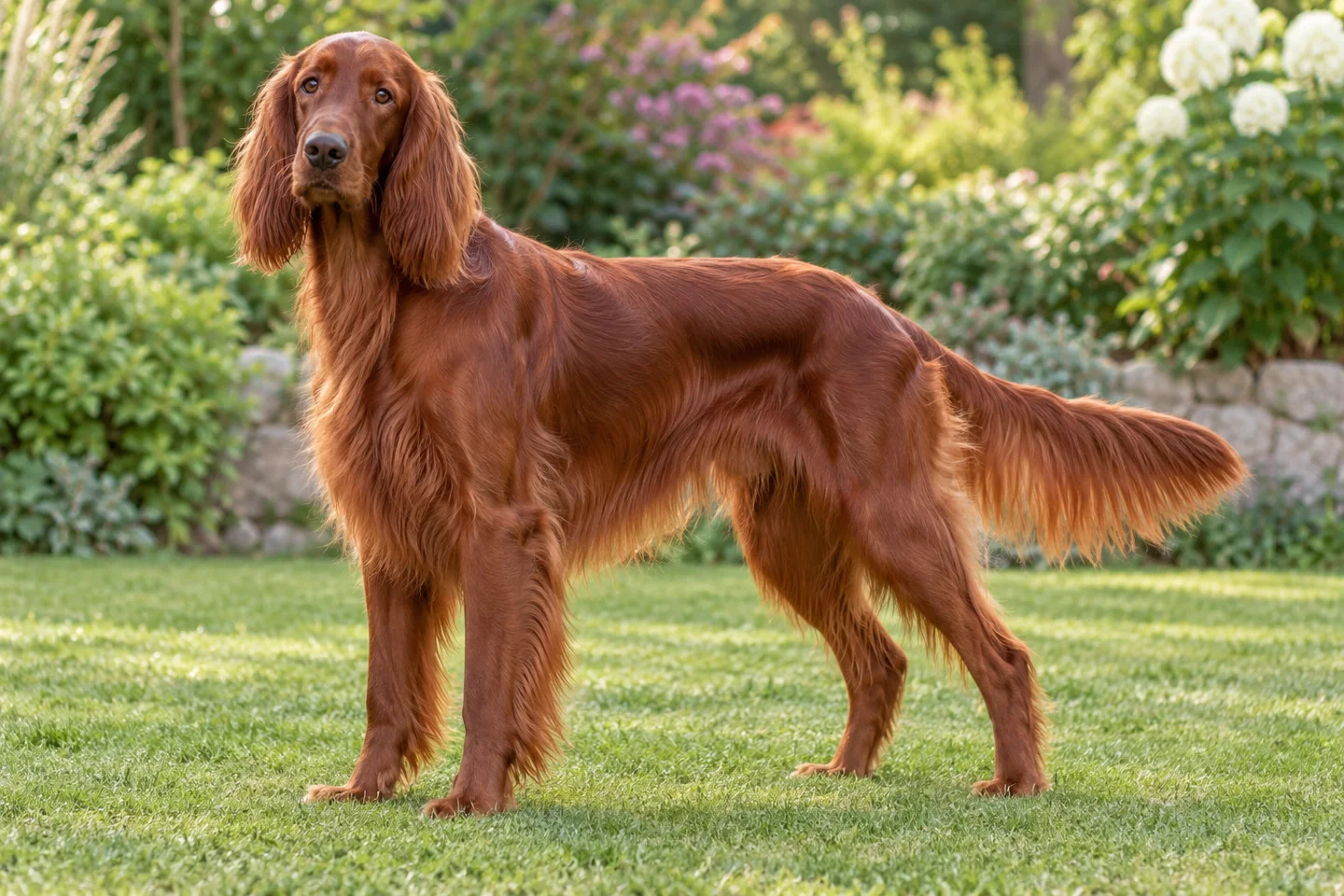 Irish Setter adult standing naturally on a garden lawn, showing rich chestnut with silky feathering