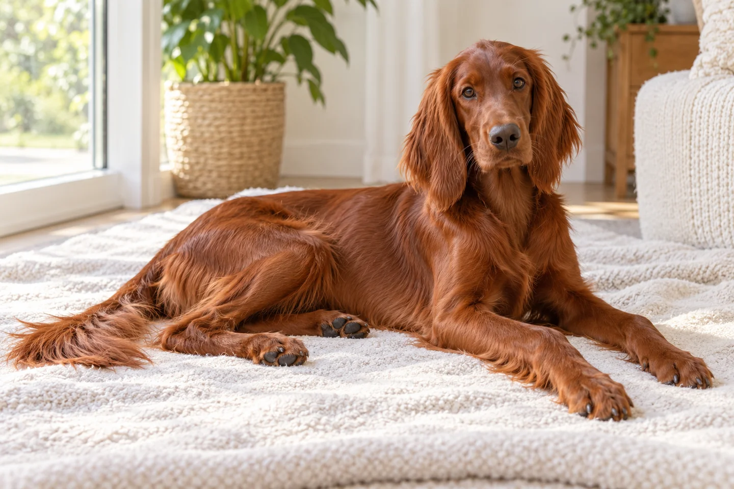 Irish Setter older puppy resting on a blanket indoors, showing rich chestnut with silky feathering
