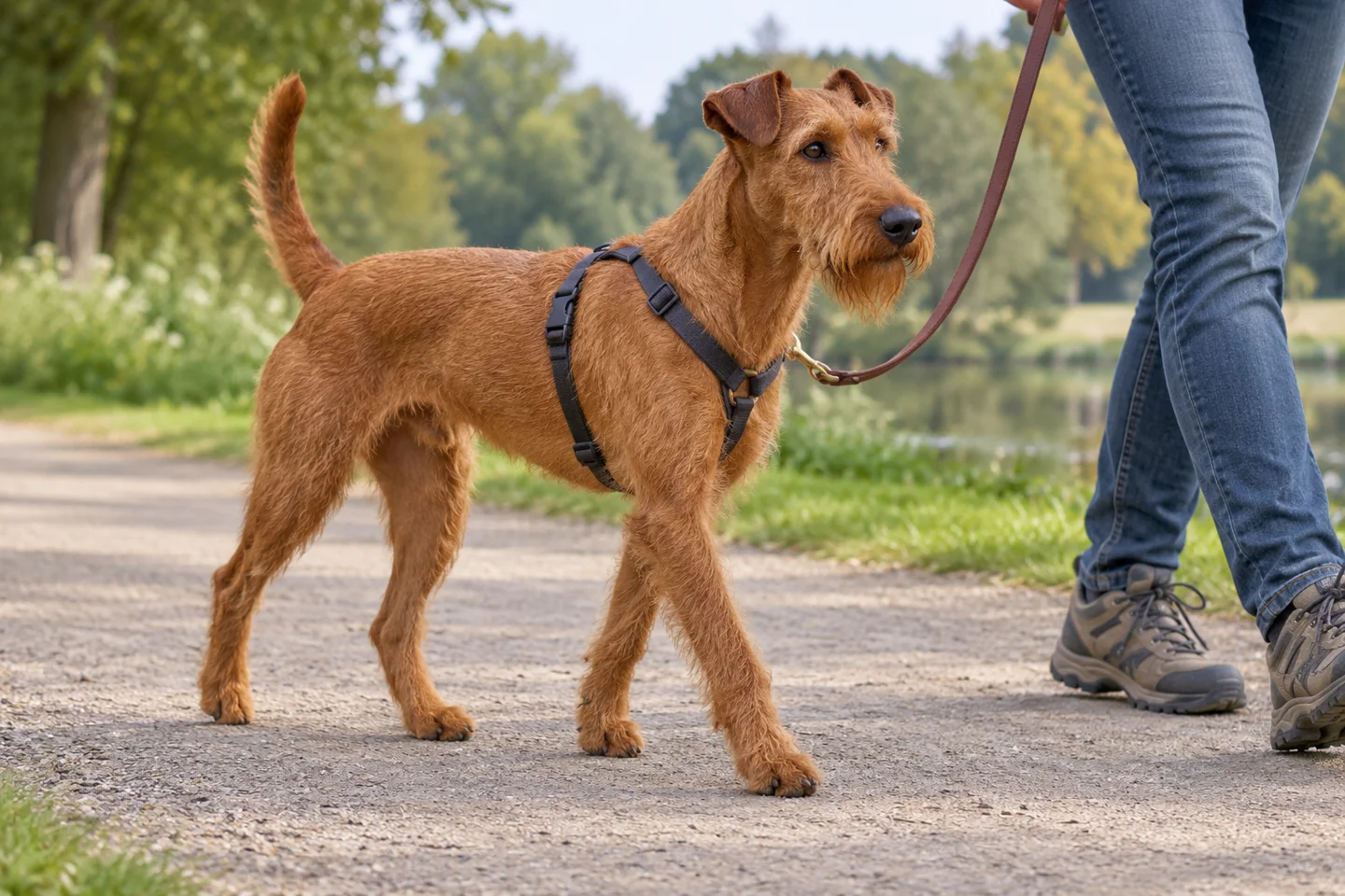 Irish Terrier walking in a fitted harness beside an adult handler, showing red wiry coat with small beard