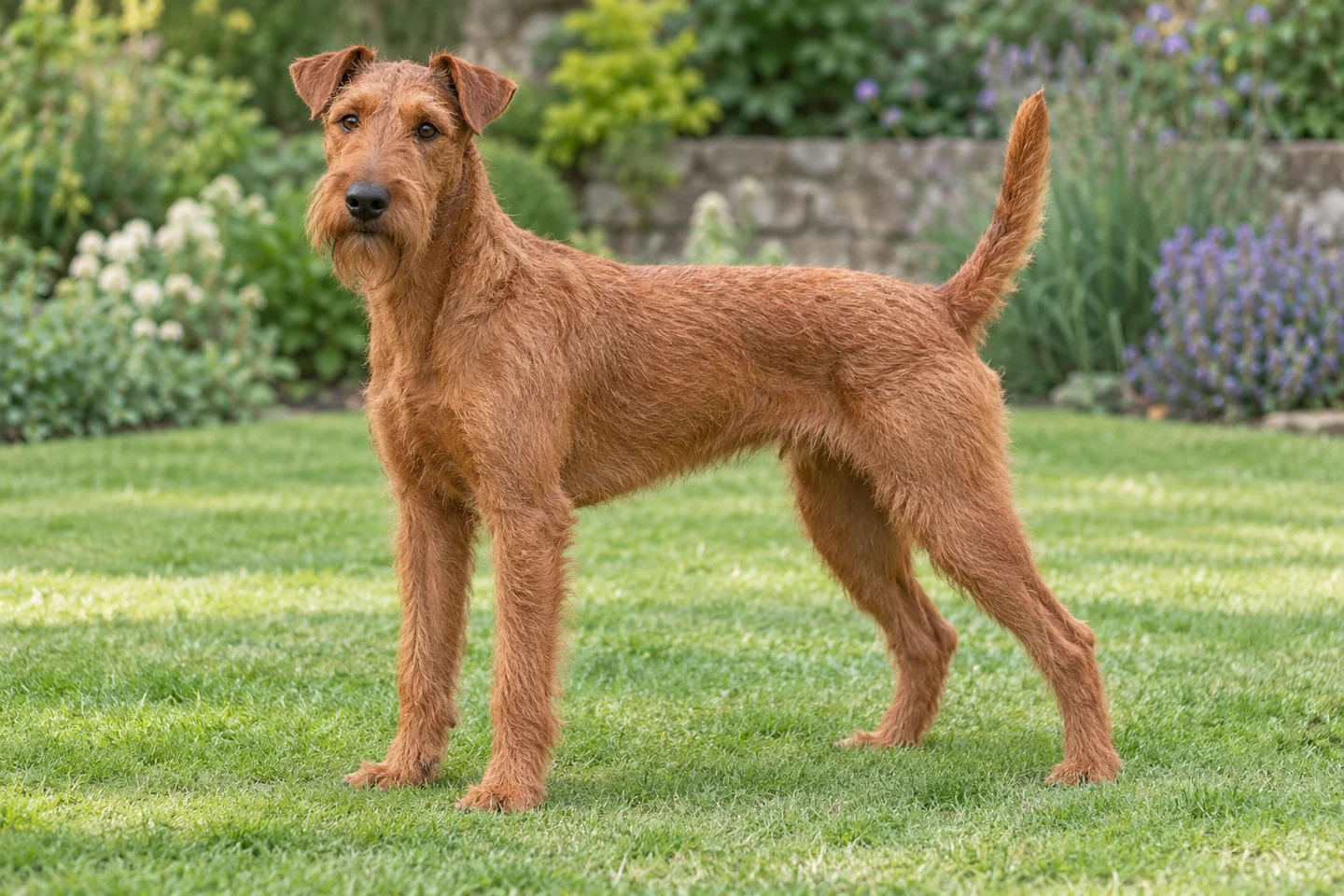 Irish Terrier adult standing naturally on a garden lawn, showing red wiry coat with small beard