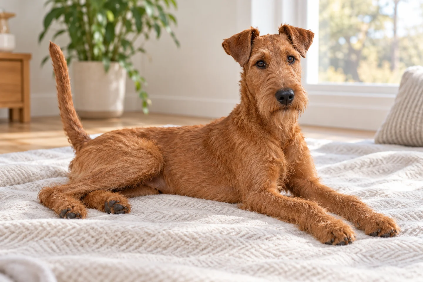 Irish Terrier older puppy resting on a blanket indoors, showing red wiry coat with small beard
