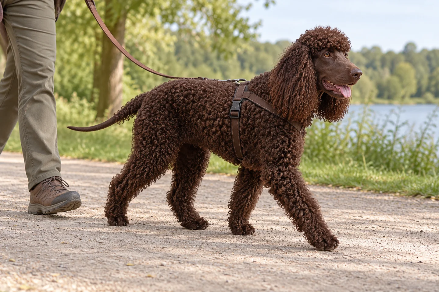 Irish Water Spaniel walking in a fitted harness beside an adult handler, showing rich dark liver curls, smooth face and rat tail