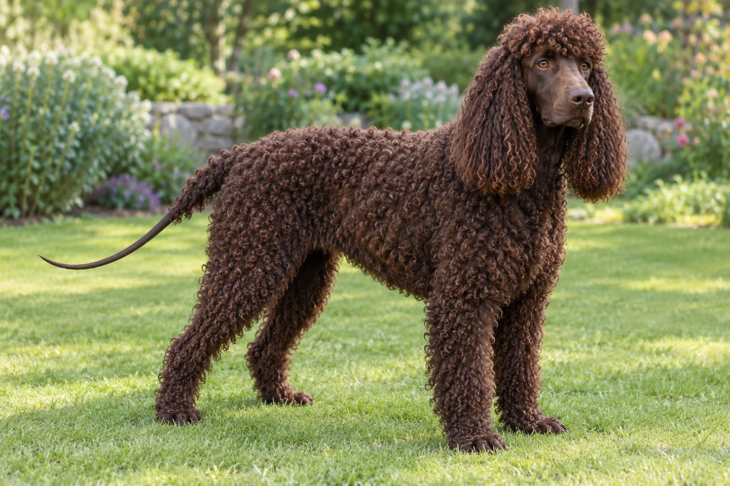 Irish Water Spaniel adult standing naturally on a garden lawn, showing rich dark liver curls, smooth face and rat tail