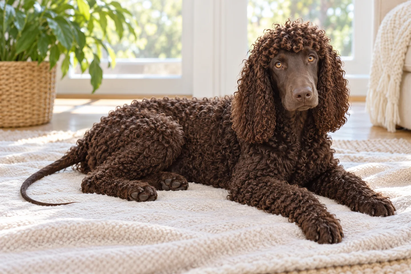 Irish Water Spaniel older puppy resting on a blanket indoors, showing rich dark liver curls, smooth face and rat tail