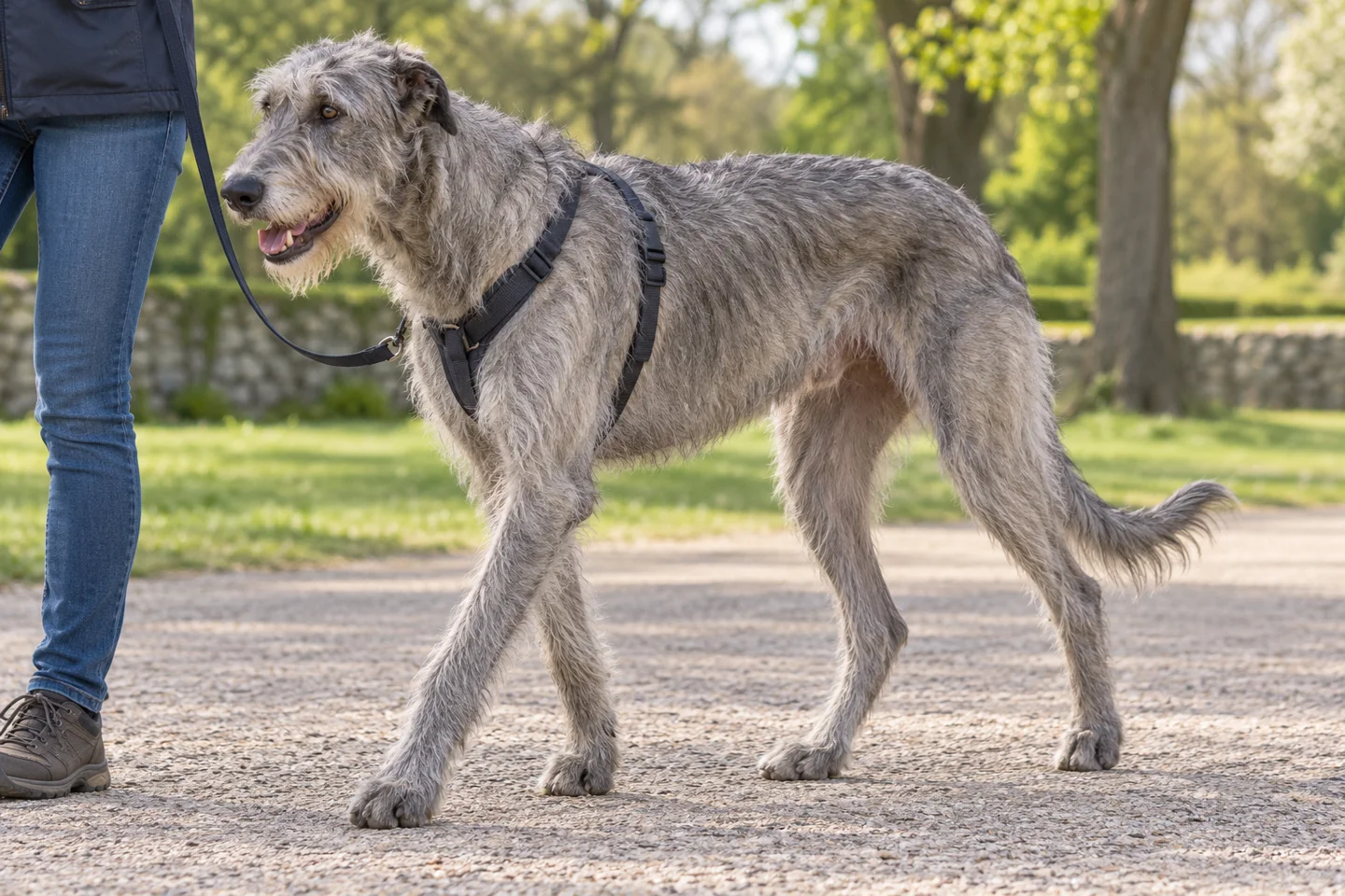 Irish Wolfhound walking in a fitted harness beside an adult handler, showing grey rough coat with wiry beard