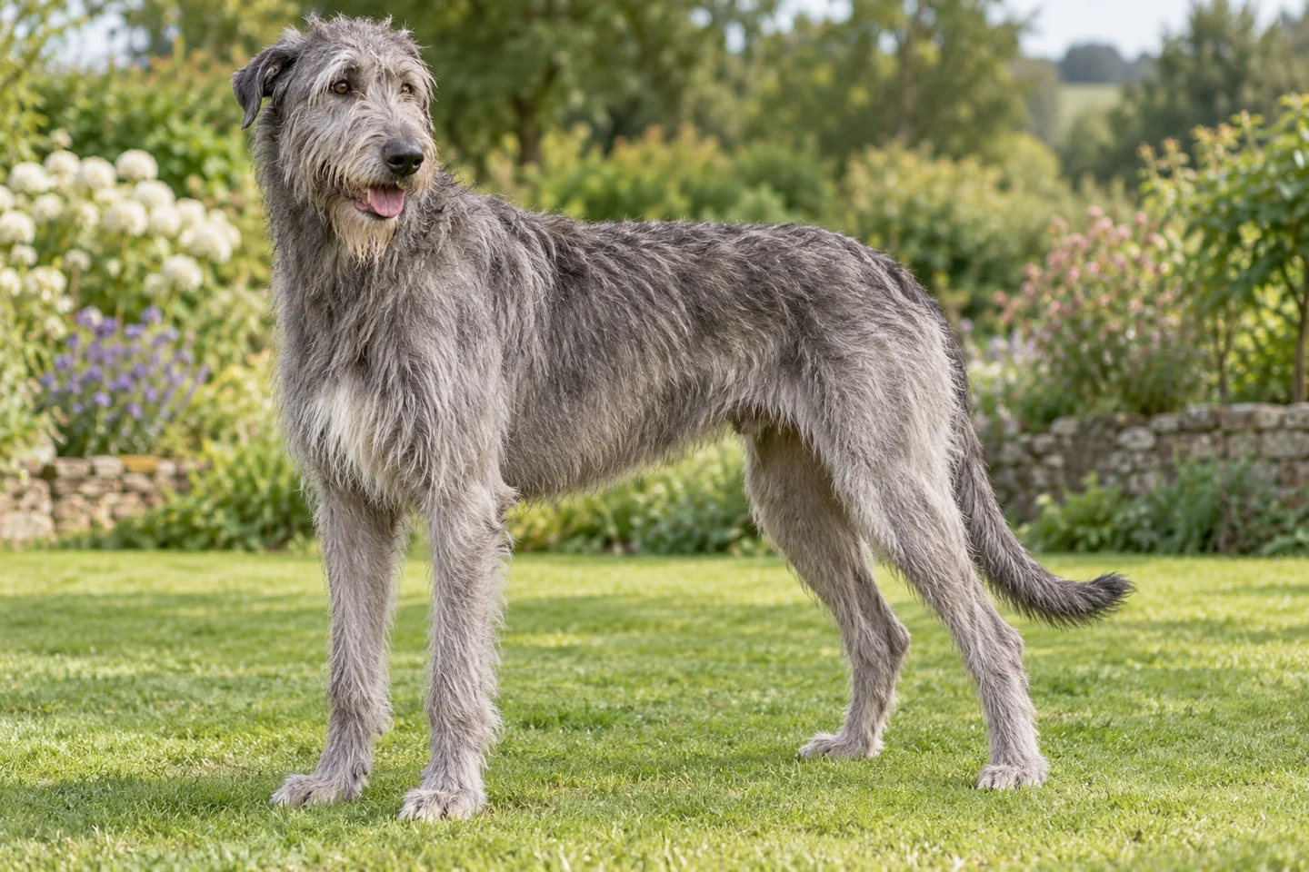 Irish Wolfhound adult standing naturally on a garden lawn, showing grey rough coat with wiry beard