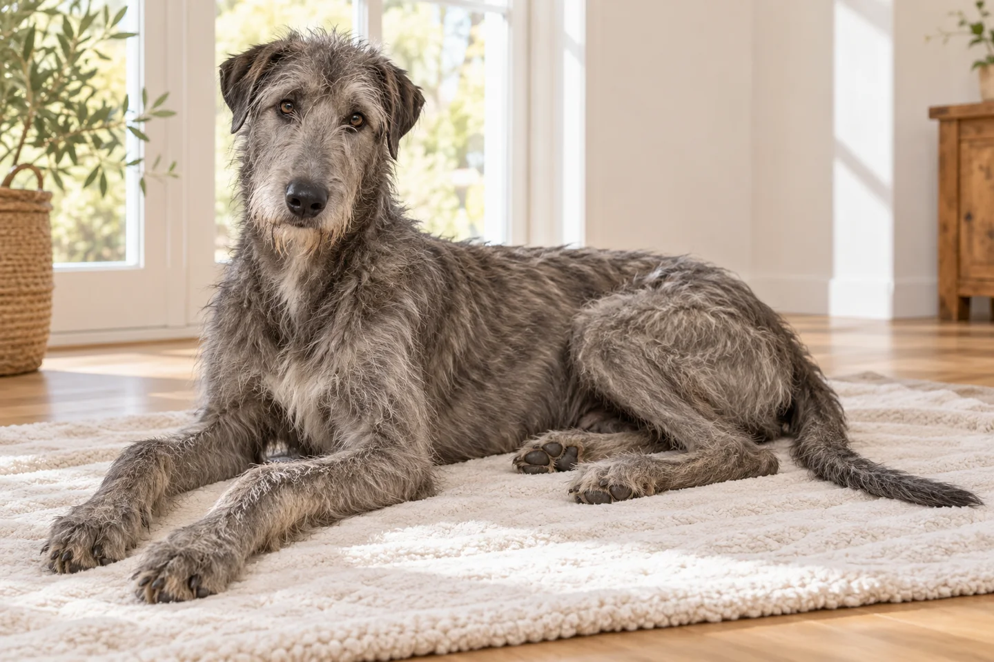 Irish Wolfhound older puppy resting on a blanket indoors, showing grey rough coat with wiry beard