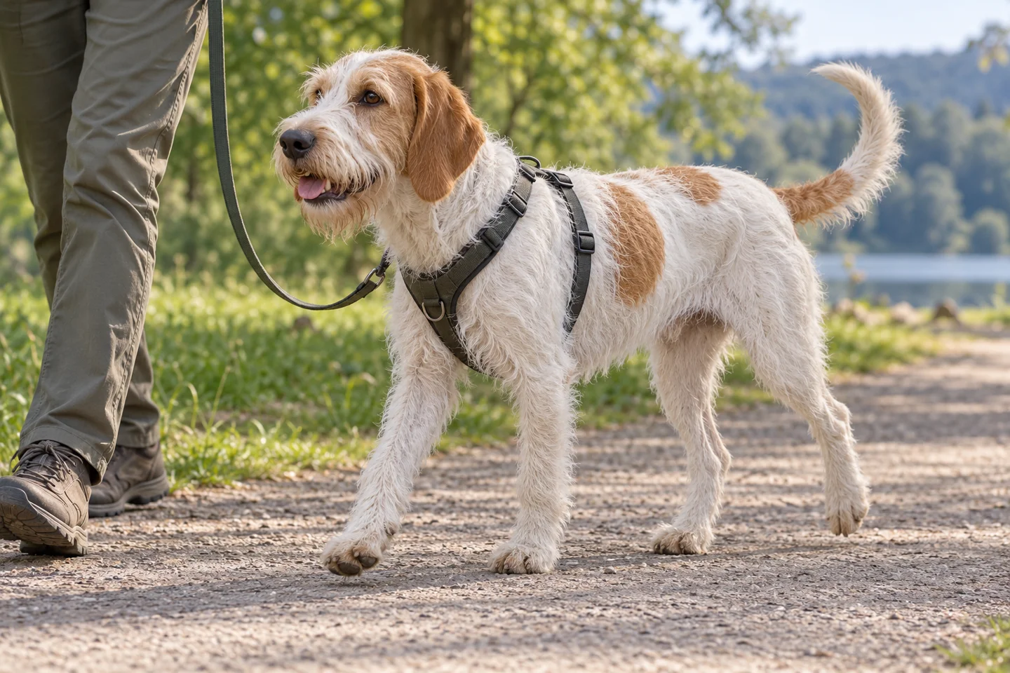 Istrian Coarse-haired Hound walking in a fitted harness beside an adult handler, showing snow-white wire coat with orange patches