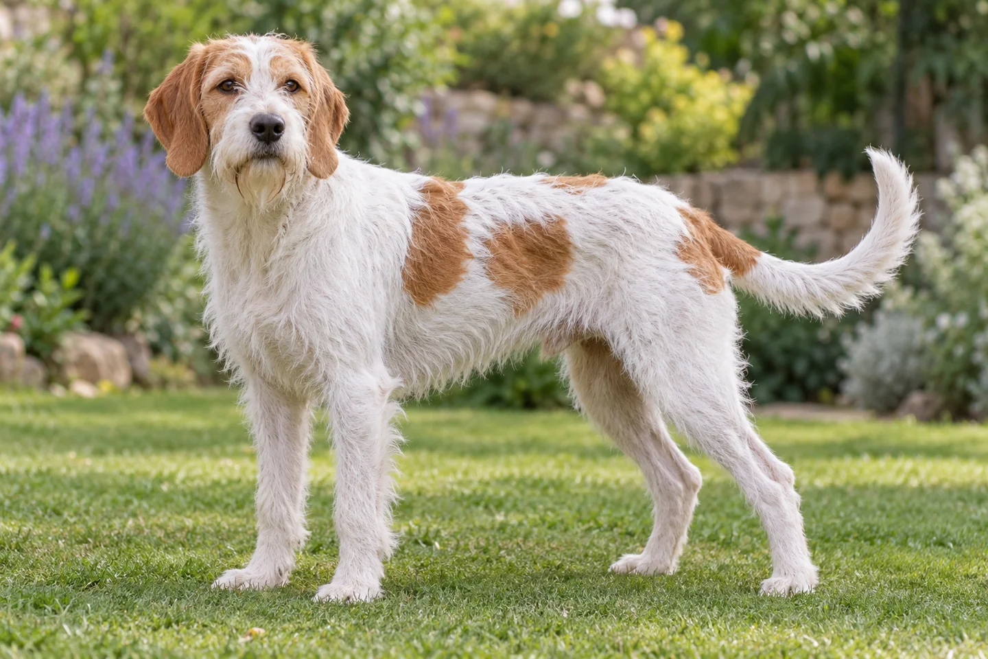 Istrian Coarse-haired Hound adult standing naturally on a garden lawn, showing snow-white wire coat with orange patches