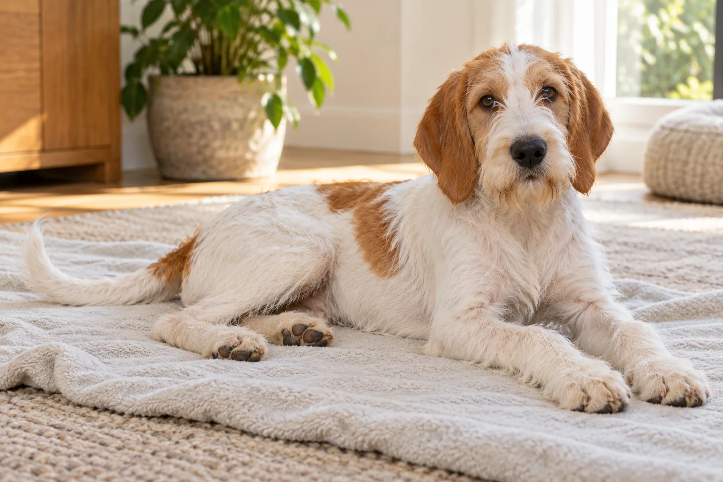Istrian Coarse-haired Hound older puppy resting on a blanket indoors, showing snow-white wire coat with orange patches