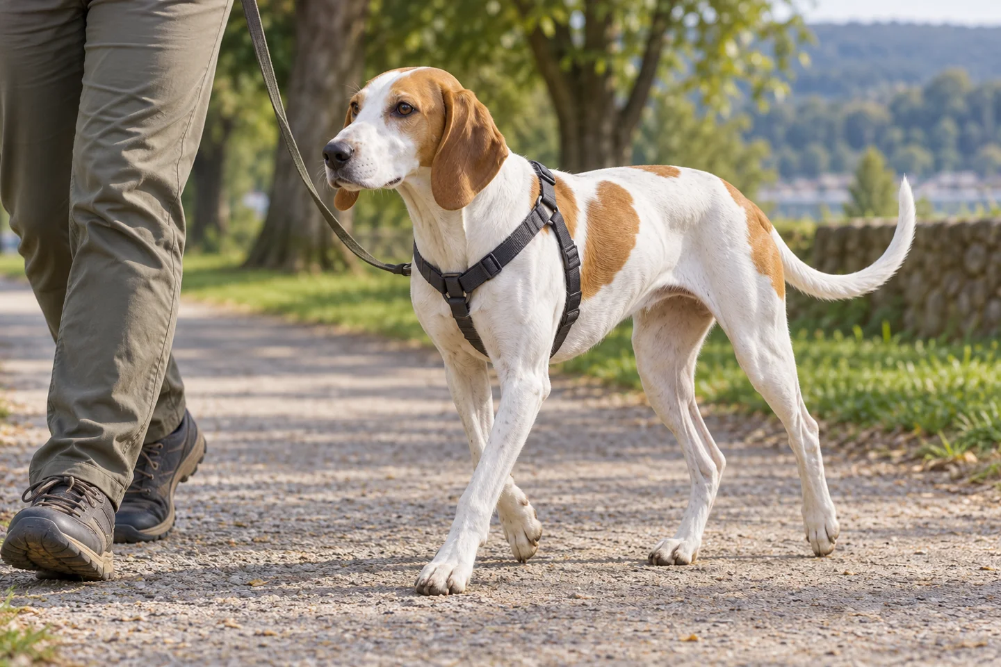 Istrian Short-haired Hound walking in a fitted harness beside an adult handler, showing snow-white short coat with orange patches