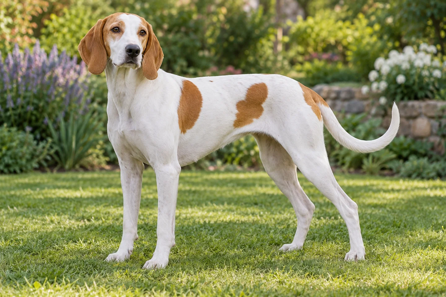 Istrian Short-haired Hound adult standing naturally on a garden lawn, showing snow-white short coat with orange patches