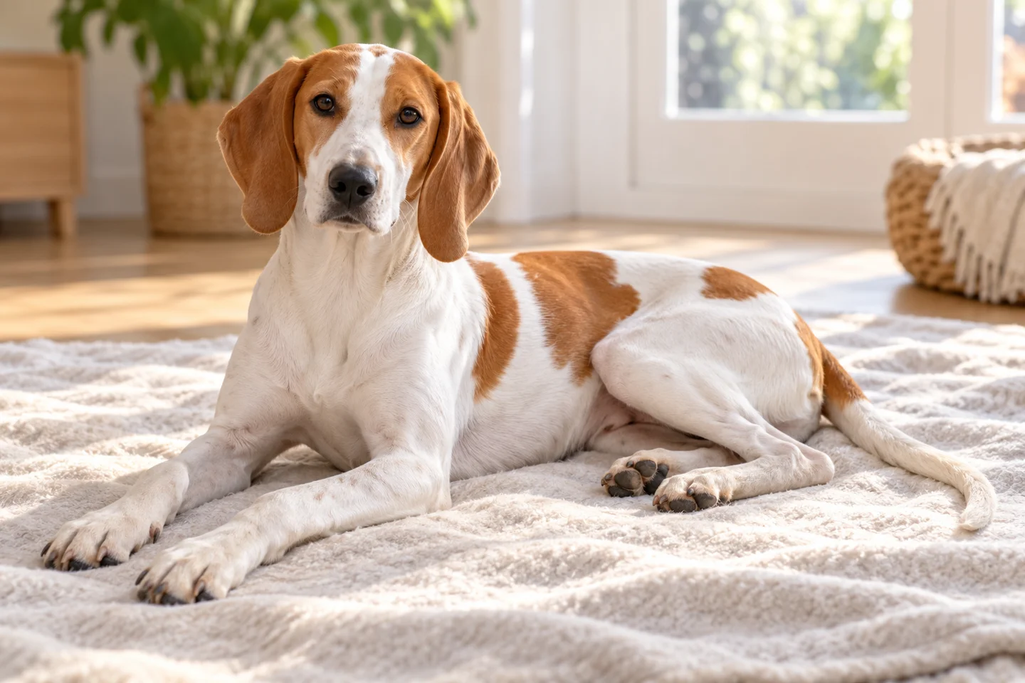 Istrian Short-haired Hound older puppy resting on a blanket indoors, showing snow-white short coat with orange patches
