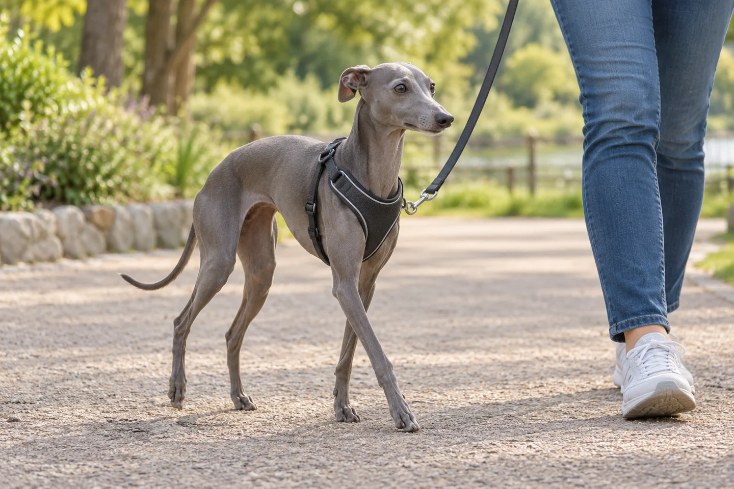 Italian Greyhound walking in a fitted harness beside an adult handler, showing solid slate-grey smooth coat