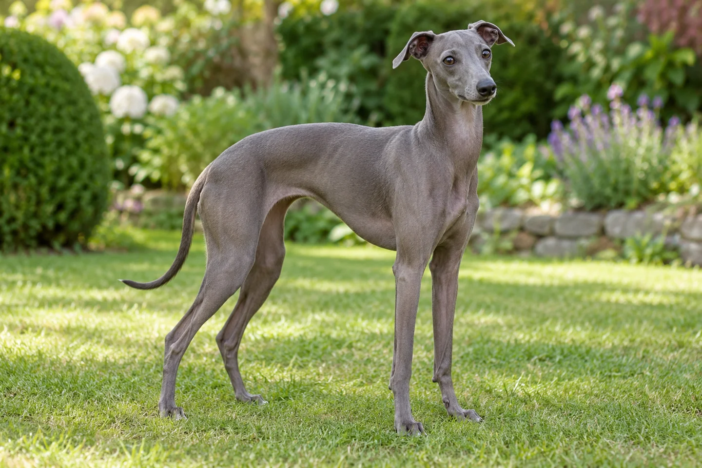 Italian Greyhound adult standing naturally on a garden lawn, showing solid slate-grey smooth coat