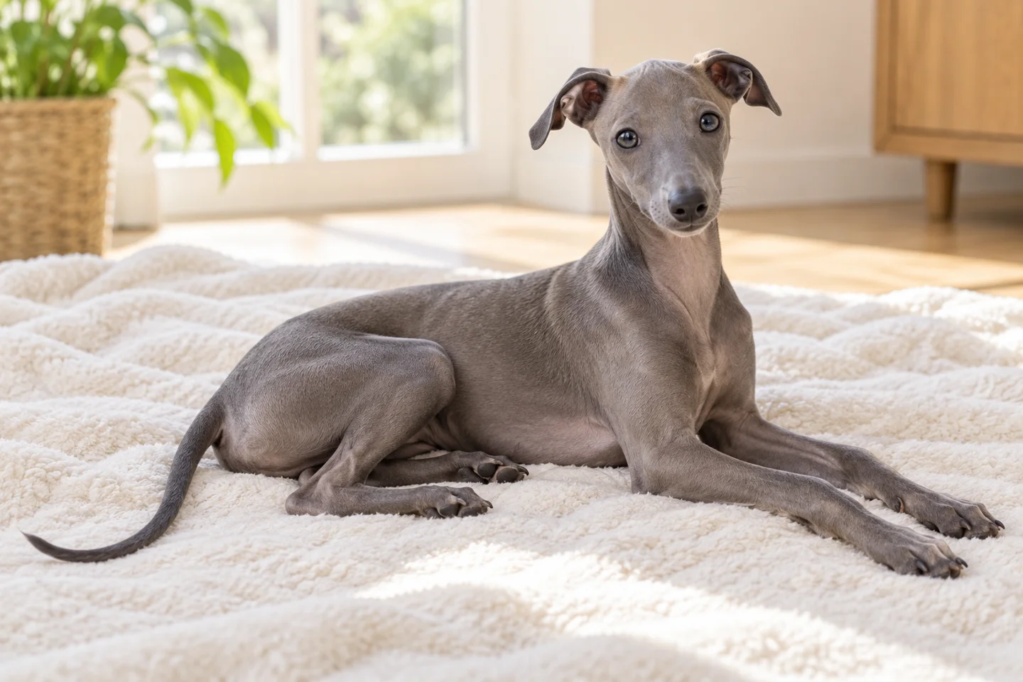 Italian Greyhound older puppy resting on a blanket indoors, showing solid slate-grey smooth coat