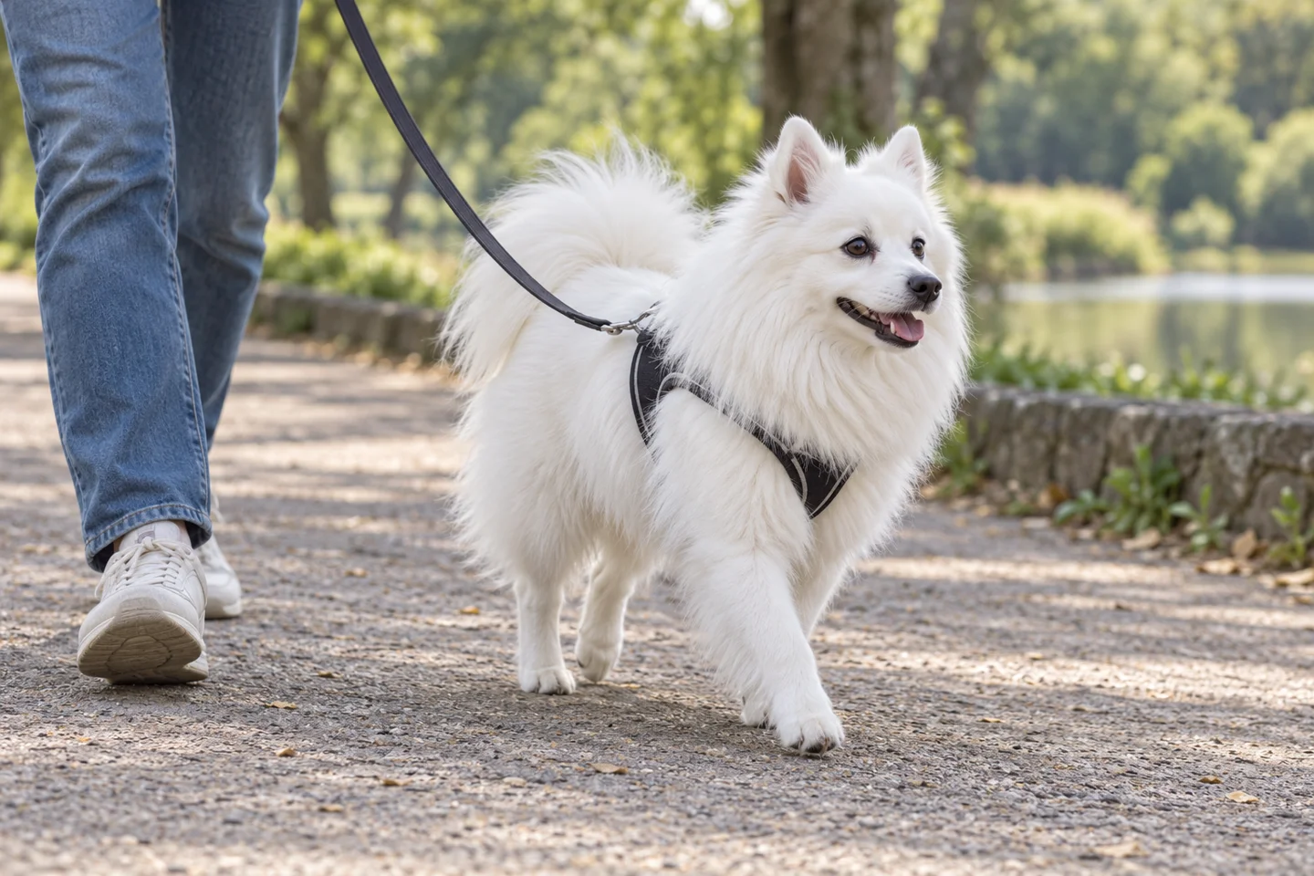 Italian Volpino walking in a fitted harness beside an adult handler, showing white stand-off double coat