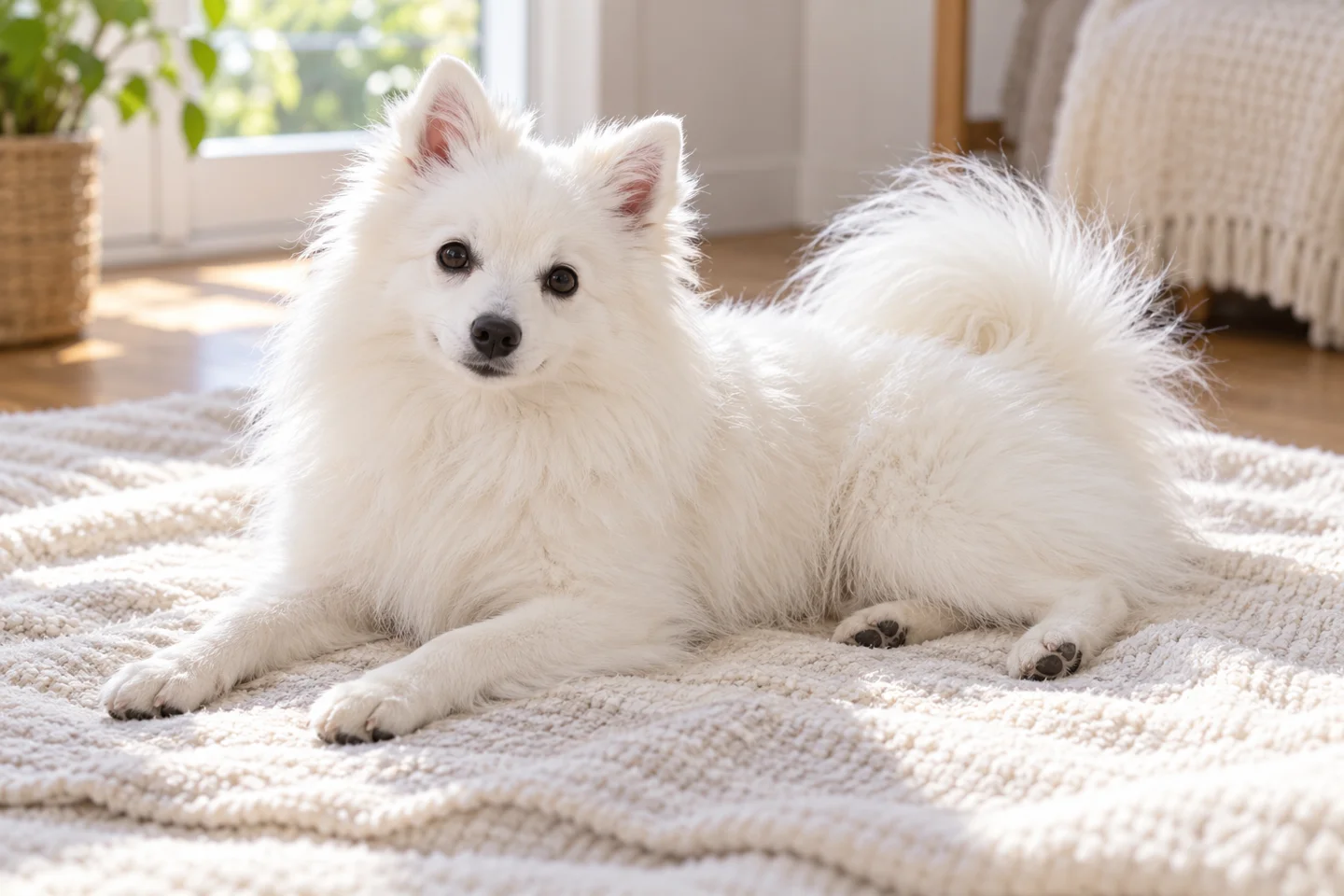 Italian Volpino older puppy resting on a blanket indoors, showing white stand-off double coat