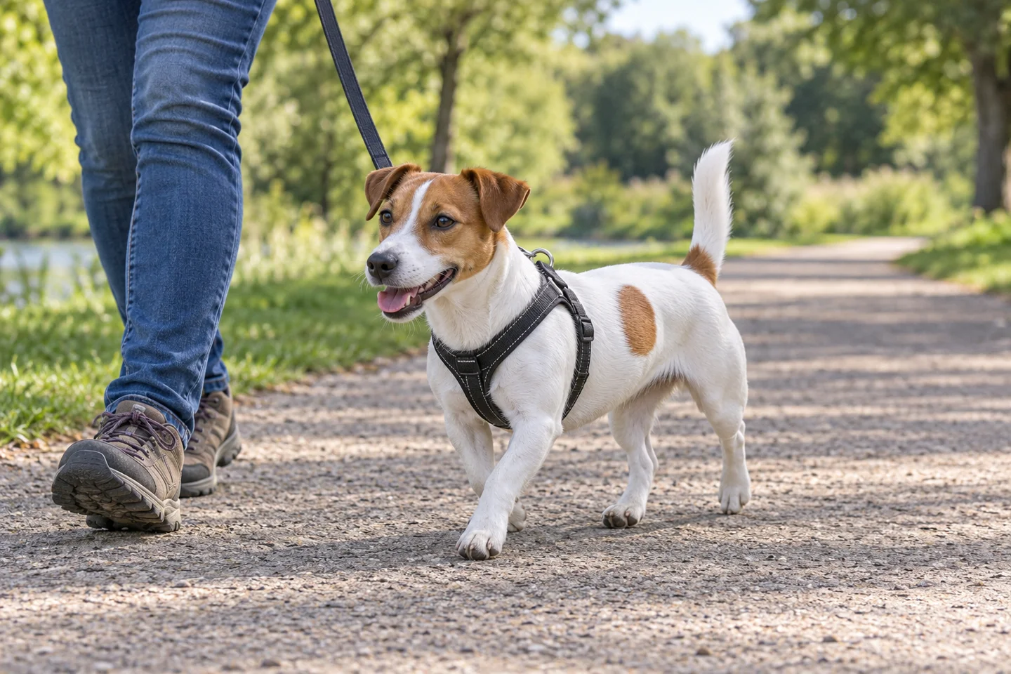 Jack Russell Terrier walking in a fitted harness beside an adult handler, showing smooth white with tan markings