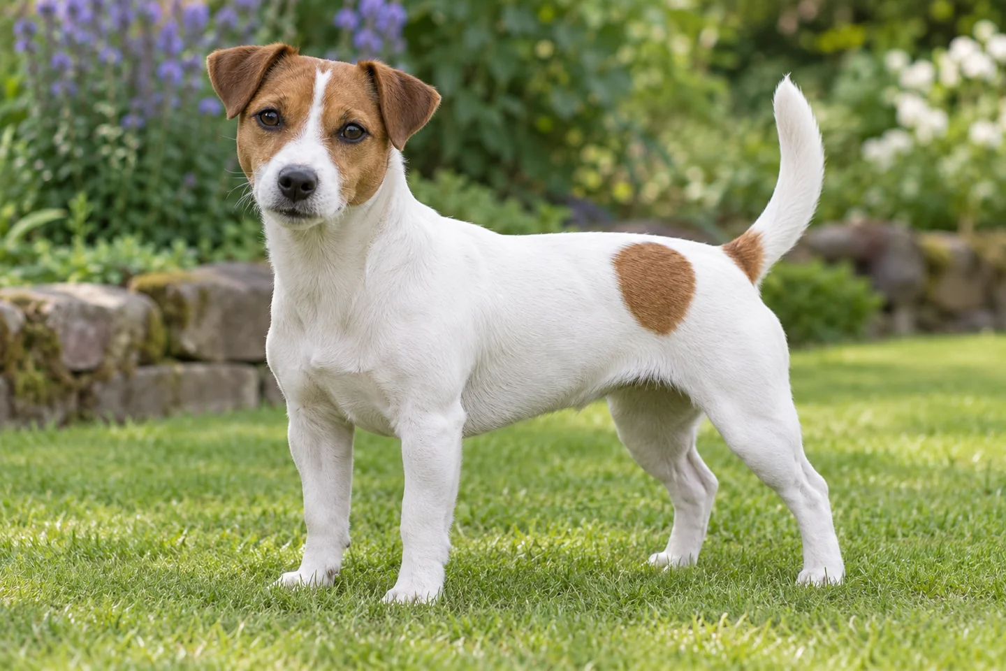 Jack Russell Terrier adult standing naturally on a garden lawn, showing smooth white with tan markings