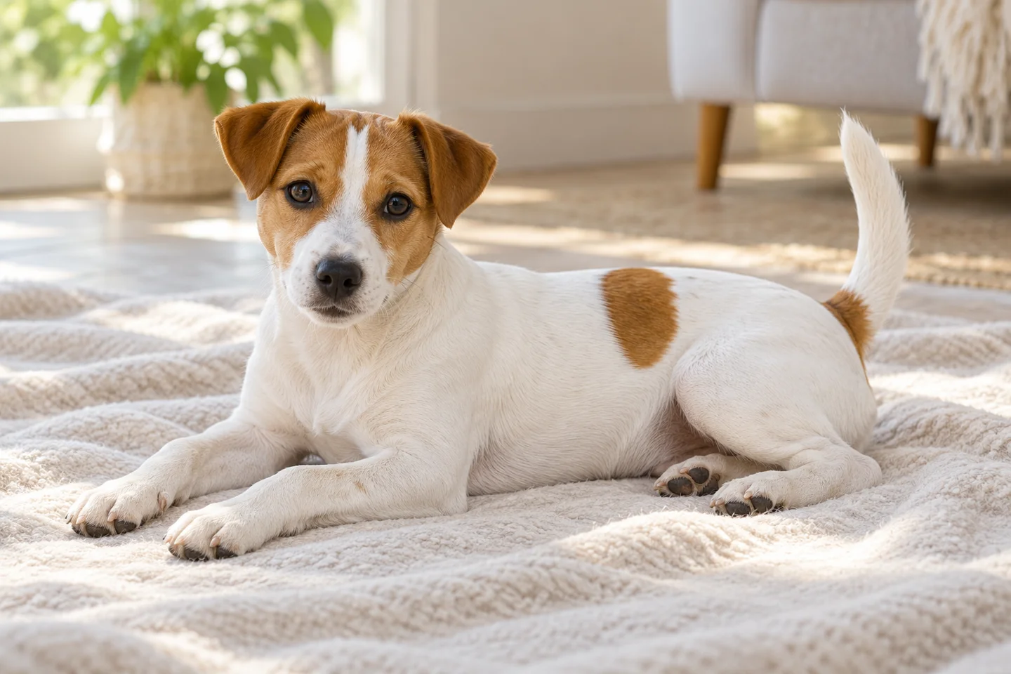 Jack Russell Terrier older puppy resting on a blanket indoors, showing smooth white with tan markings