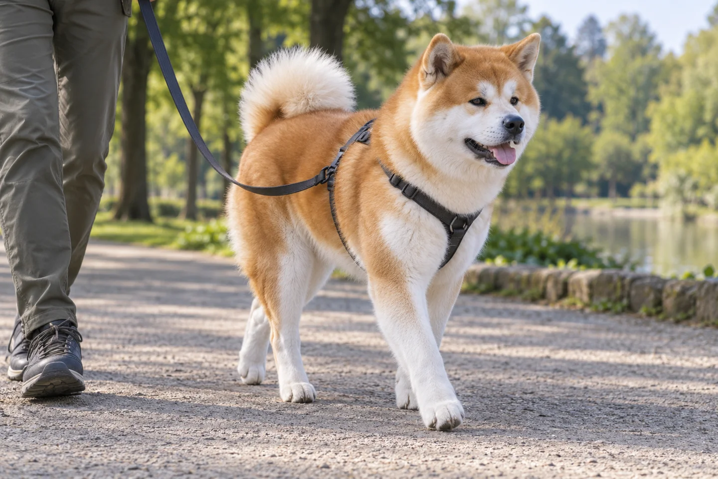Japanese Akitainu walking calmly in a harness beside an adult handler