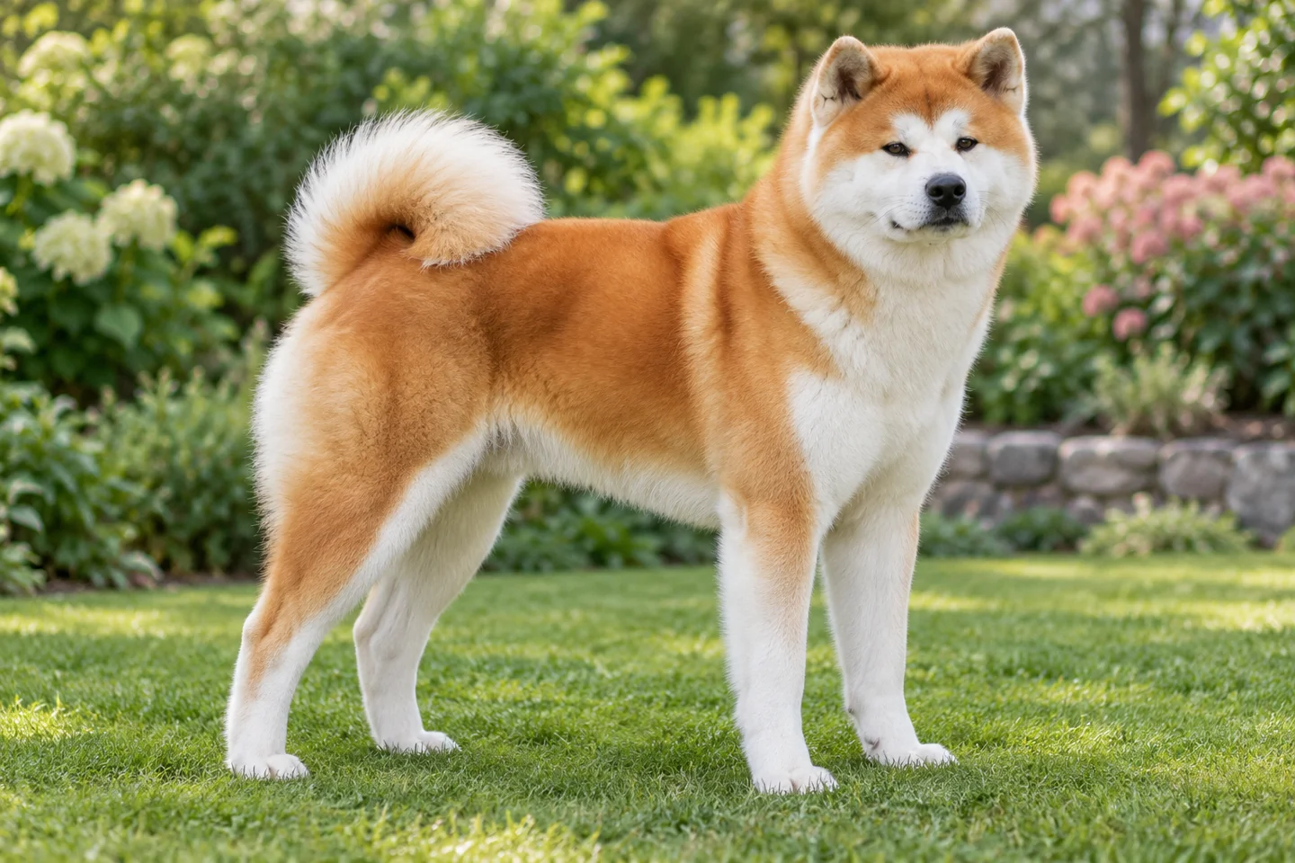 Red Japanese Akitainu with pale urajiro markings standing on a lawn