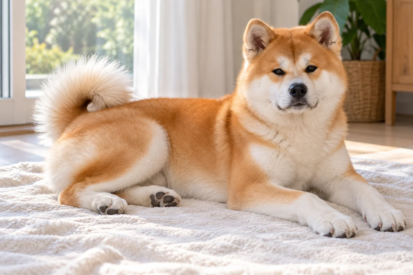Older red Japanese Akitainu puppy resting indoors on a pale blanket