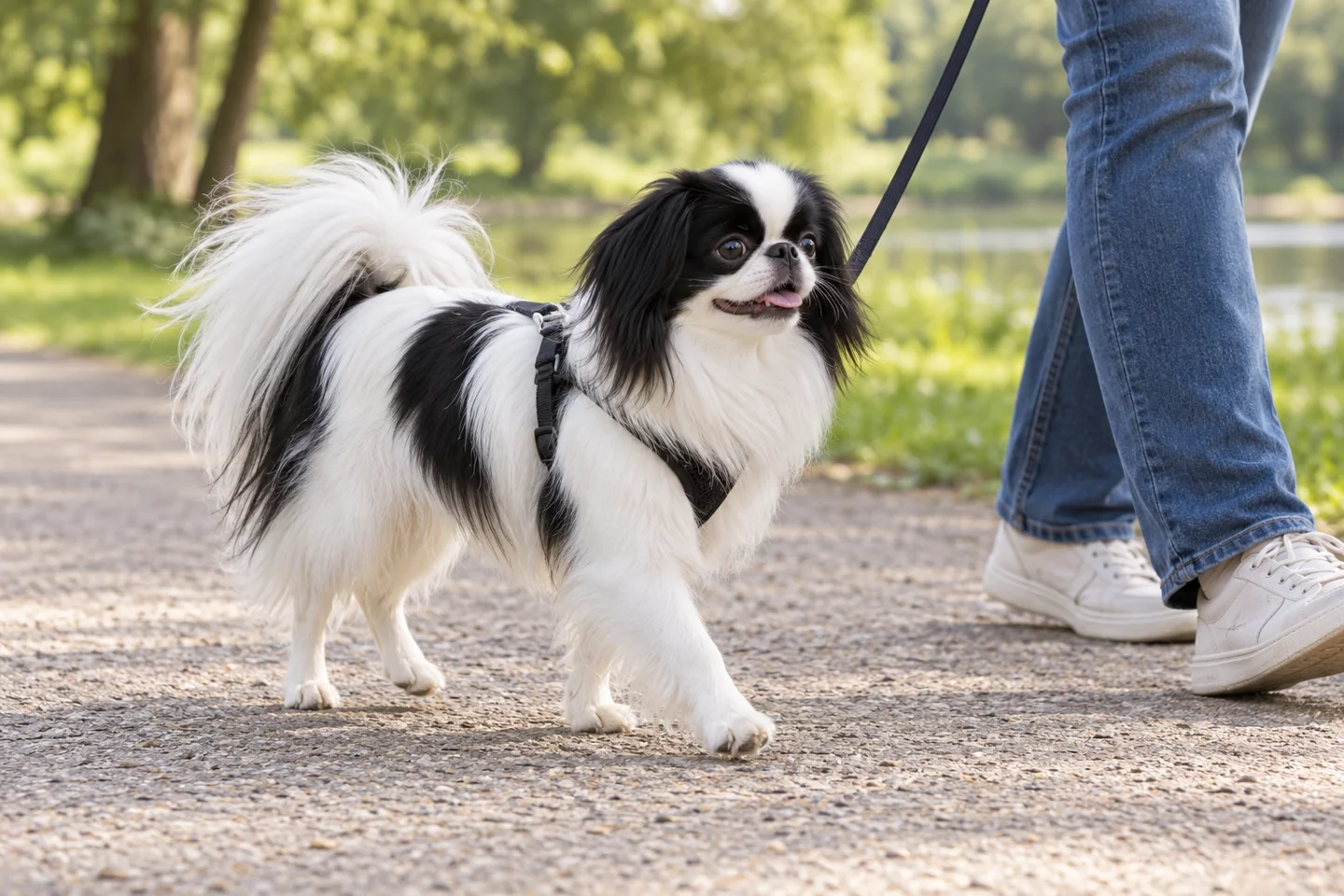 Japanese Chin adult walking in a harness beside an adult handler, showing the selected breed type
