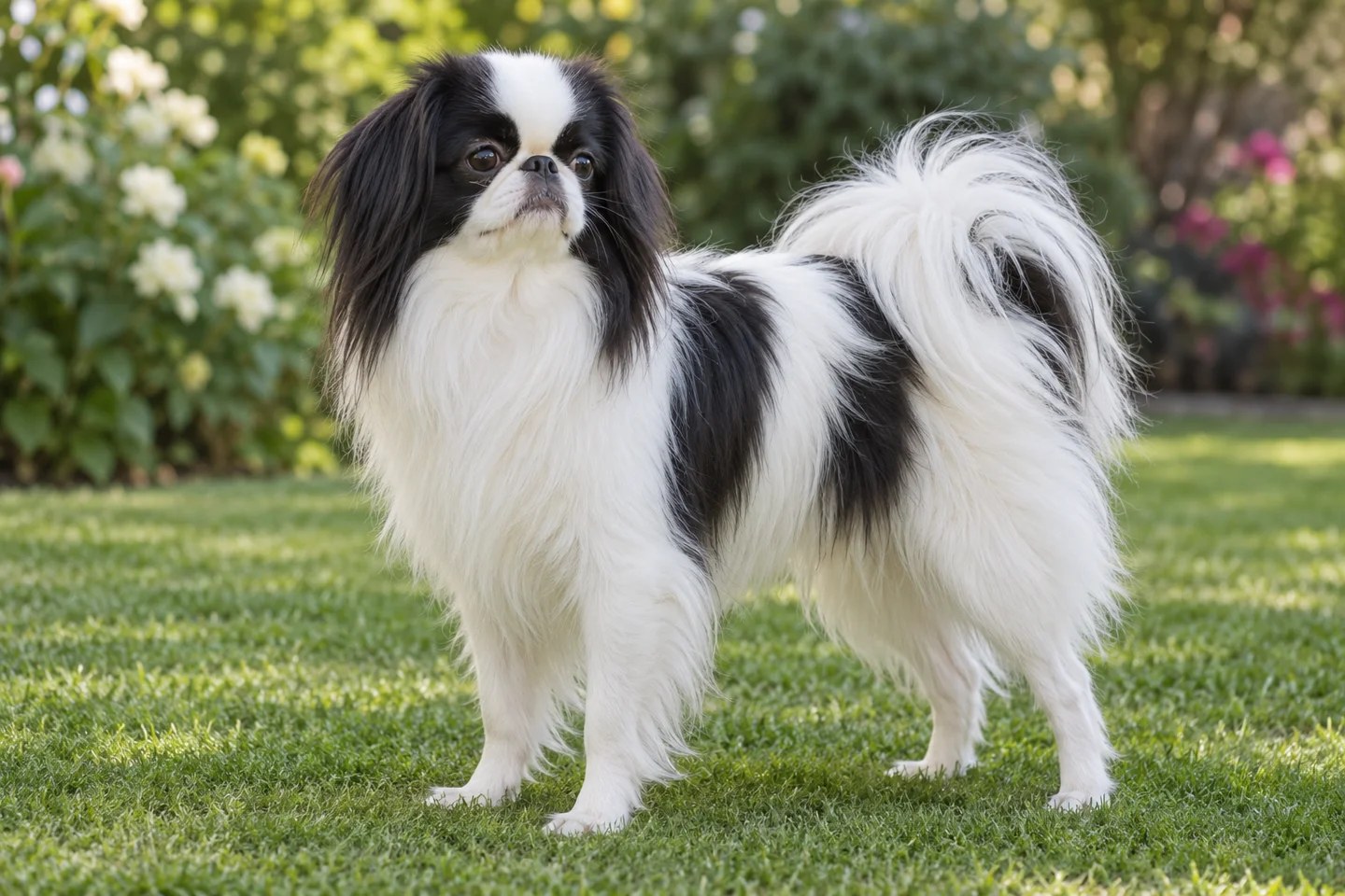 Japanese Chin adult standing in a quiet outdoor setting, showing the selected breed type