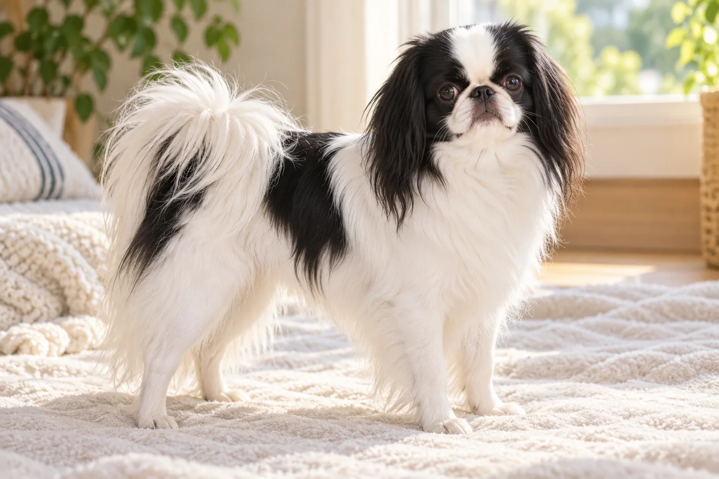 Japanese Chin young dog resting indoors, showing the selected breed type