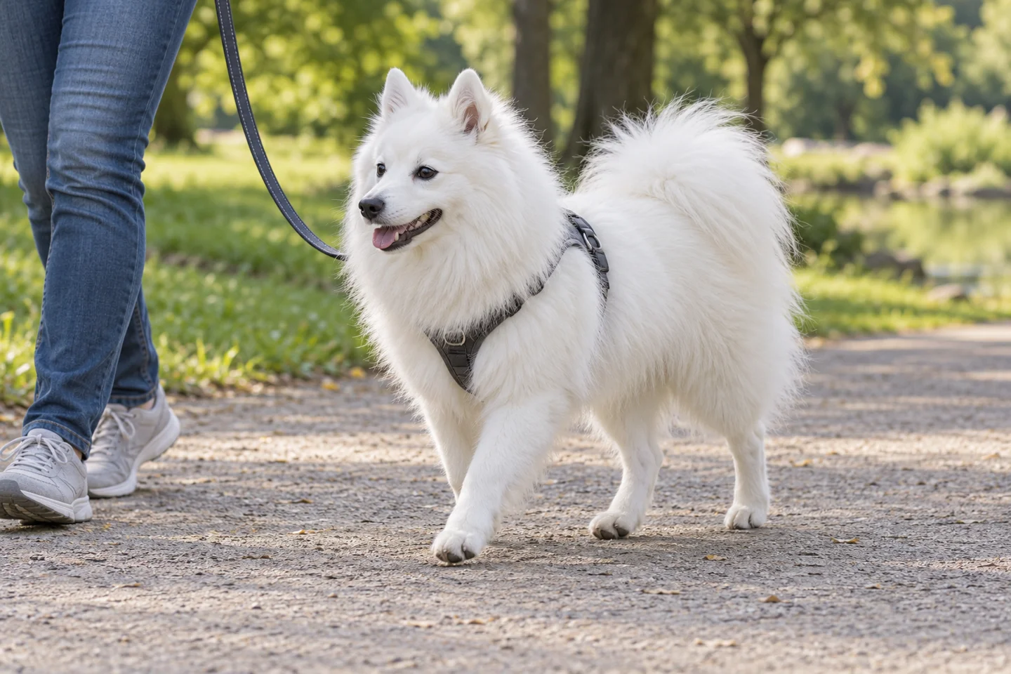 Japanese Spitz adult walking in a harness beside an adult handler, showing the selected breed type