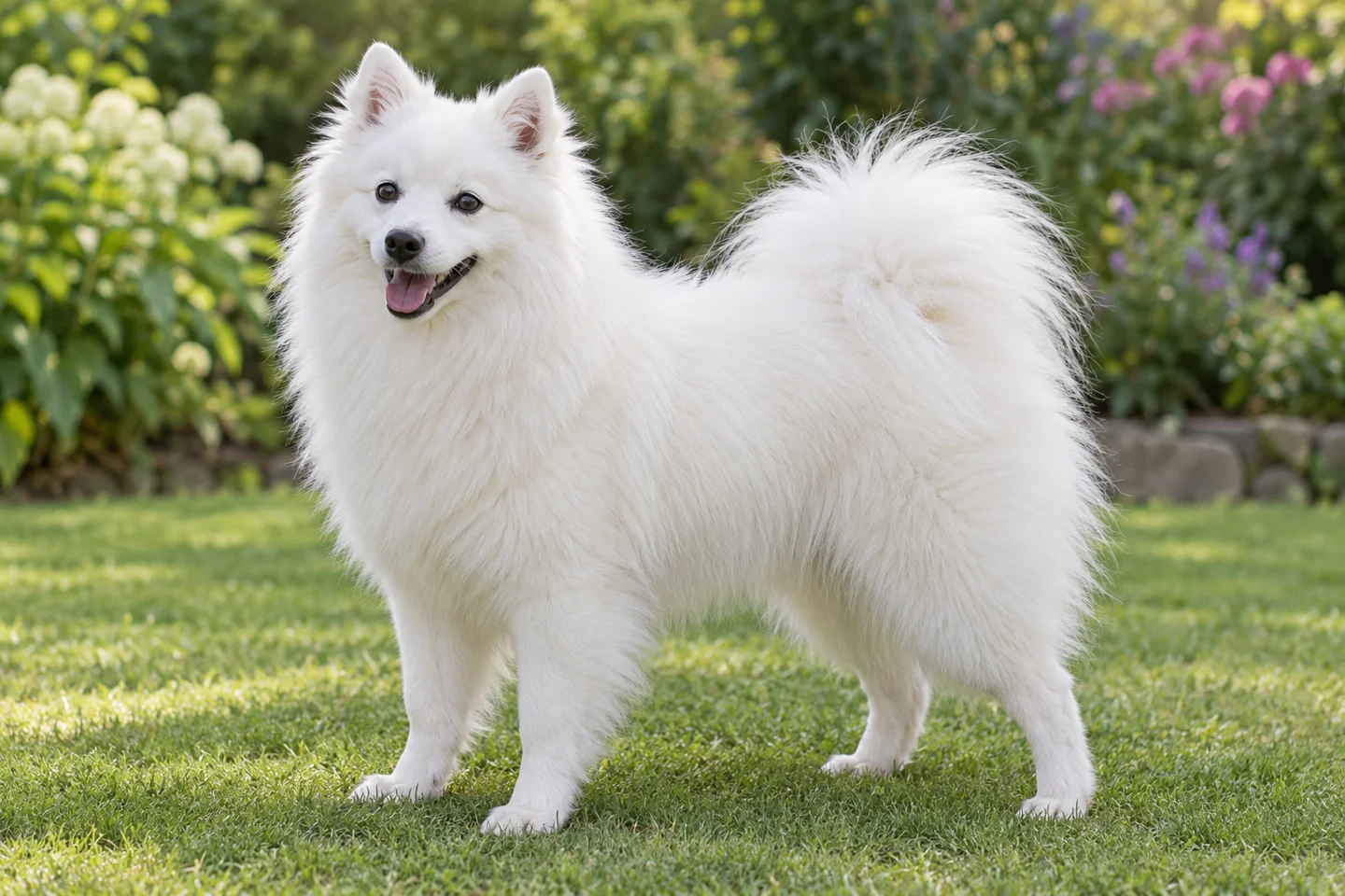 Japanese Spitz adult standing in a quiet outdoor setting, showing the selected breed type