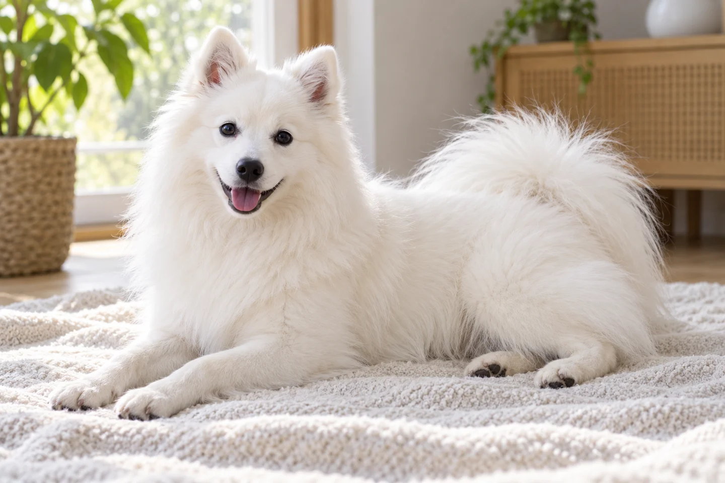 Japanese Spitz young dog resting indoors, showing the selected breed type