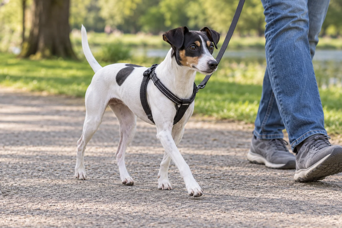 Japanese Terrier adult walking in a harness beside an adult handler, showing the selected breed type