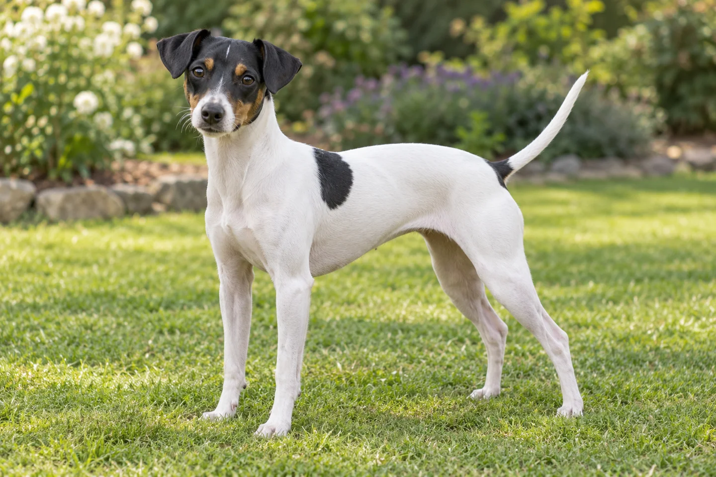 Japanese Terrier adult standing in a quiet outdoor setting, showing the selected breed type