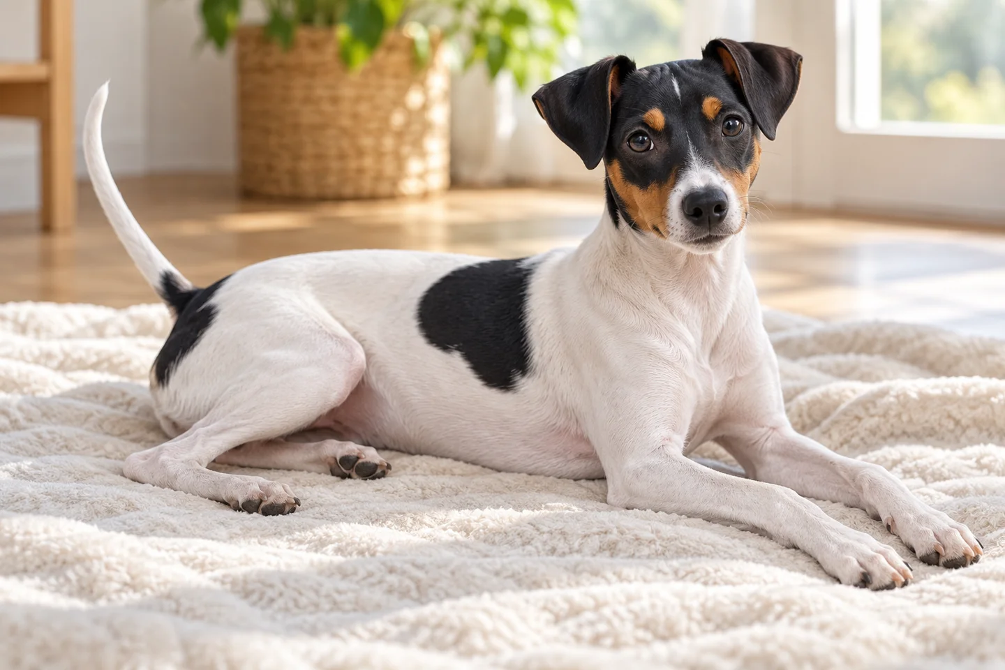 Japanese Terrier young dog resting indoors, showing the selected breed type